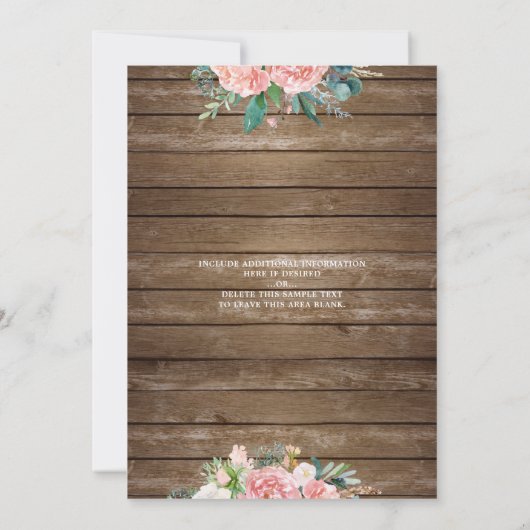 Rustikales Holz Rosa Blütenfarben, Blüten und Spit Einladung (Rückseite)