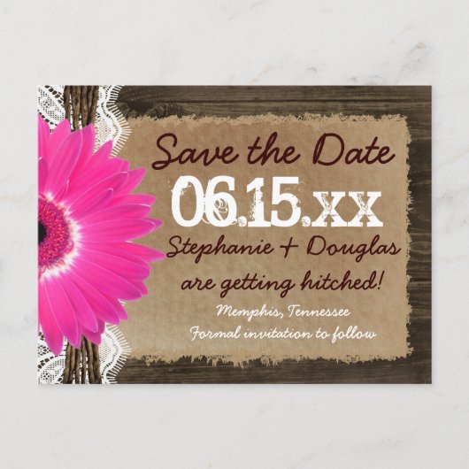 Rustikales Holz rosa Daisy Save the Date Postkarte (Vorderseite)