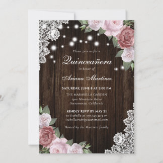 Rustikales Holz Rosa Flora Quinceñera Einladung