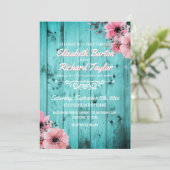 Rustikales Holz Rosa Floral Boho Aquamarine Hochze Einladung (Stehend Vorderseite)