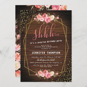Rustikales Holz Rosa Floral Überraschung Geburtsta Einladung