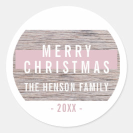 Rustikales Holz Rosa Frohe Weihnachtsfamilie Runder Aufkleber