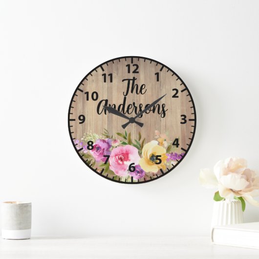 Rustikales Holz rosa Lila Gelbe Rosen Groß Große Wanduhr (Zuhause)