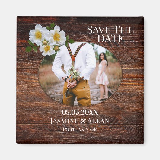 Rustikales Holz-Rose-Foto Speichern Sie das Datums Magnet (Vorne)