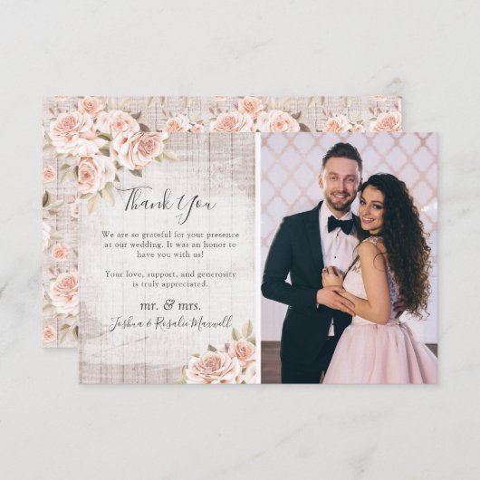 Rustikales Holz & Rose Shabby Wedding Vielen Dank Dankeskarte (Vorne/Hinten)