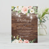 Rustikales Holz rot Rosa Blumenleuchten Hochzeit Einladung (Stehend Vorderseite)