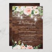 Rustikales Holz rot Rosa Blumenleuchten Hochzeit Einladung (Vorne/Hinten)