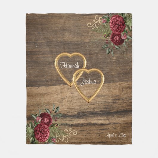Rustikales Holz Rote Rosen Gold Rahmen Personalisi Fleecedecke (Vorderseite)