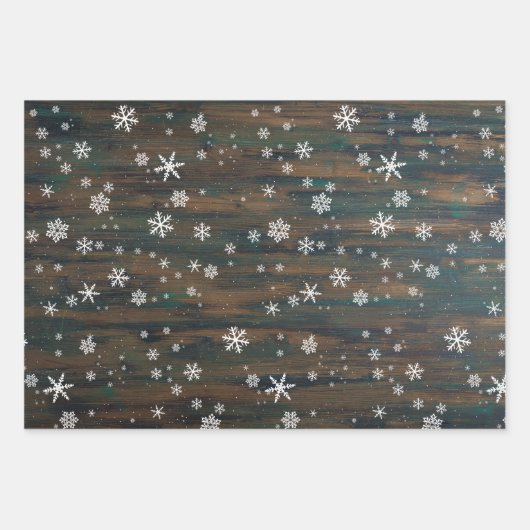 Rustikales Holz Rote Schneeflocken Weihnachtsfeier Geschenkpapier Set (Vorderseite)