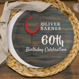 Rustikales Holz Roter Wein 60. Geburtstagsparty Pappteller
