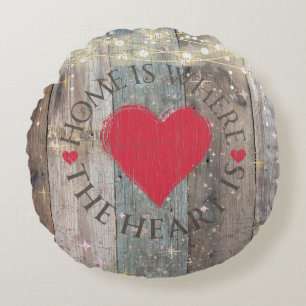 Rustikales Holz Rotes Herz Zuhause ist, wo das Her Rundes Kissen