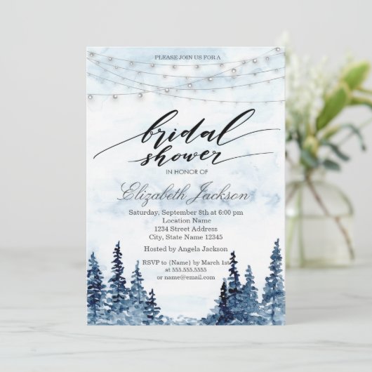 Rustikales Holz, Saitenleuchten, Aquarellbäume Einladung (Stehend Vorderseite)