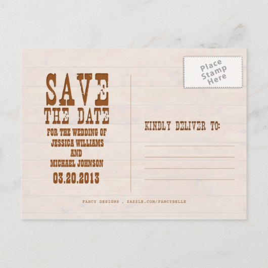 Rustikales Holz Save the Date Ankündigungspostkarte (Rückseite)
