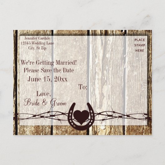 Rustikales Holz Save the Date Anstiftung Postkarte (Rückseite)