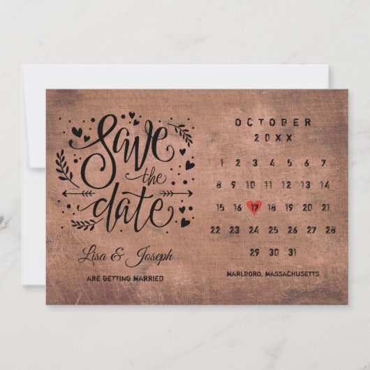 Rustikales Holz Save the Date Kalender Rote Liebe  (Vorderseite)