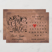 Rustikales Holz Save the Date Kalender Rotes Herz Einladung (Vorne/Hinten)
