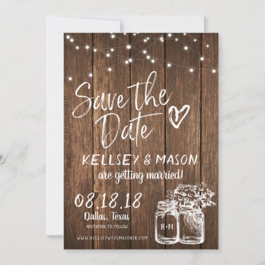 Rustikales Holz Save the Date mit Mason Jars & Lig Einladung (Vorderseite)