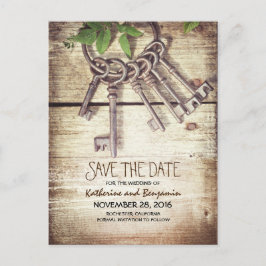 Rustikales Holz Save the Date mit Skeletttasten Ankündigungspostkarte
