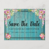 Rustikales Holz Save the Date rosa Blumenverkündun Postkarte (Vorderseite)