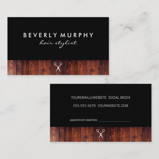 Rustikales Holz Schwarz mit Shear Logo Ernennung Terminkarte (Vorne/Hinten)