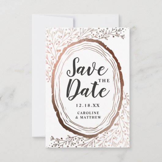 Rustikales Holz Slice Kupfer Foil Herbst Hochzeit Save The Date (Vorderseite)