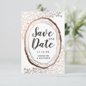 Rustikales Holz Slice Kupfer Foil Herbst Hochzeit Save The Date (Stehend Vorderseite)