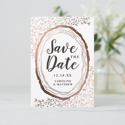Rustikales Holz Slice Kupfer Foil Herbst Hochzeit Save The Date (Stehend Vorderseite)