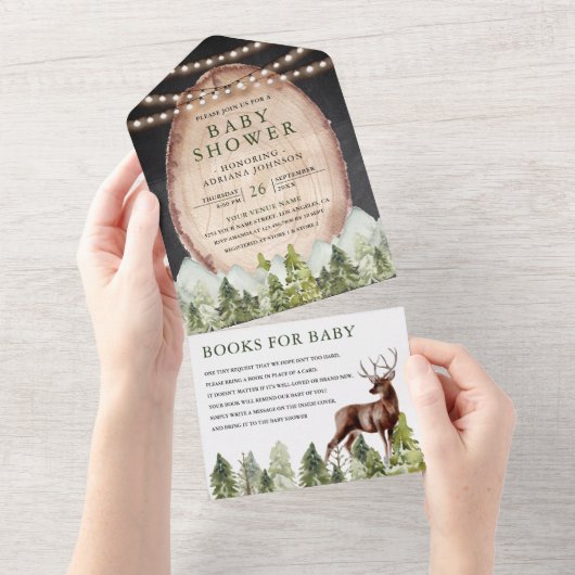 Rustikales Holz-Slice Mountain Wald Hirschdusche All In One Einladung (Abreißen)