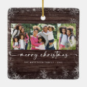 Rustikales Holz Snowflake Foto Frohe Weihnachten Keramikornament (Rückseite)