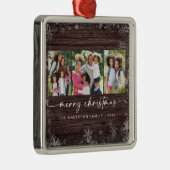 Rustikales Holz Snowflake Foto Frohe Weihnachten Ornament Aus Metall (Rechts)