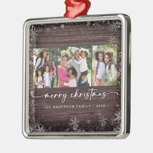 Rustikales Holz Snowflake Foto Frohe Weihnachten Ornament Aus Metall (Links)