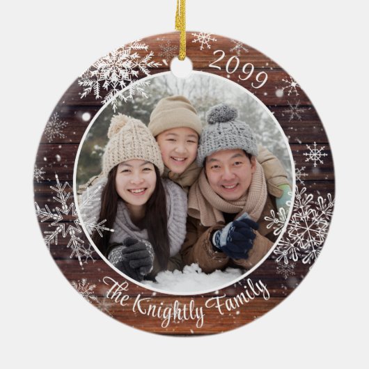 Rustikales Holz Snowflake Foto Personalisiert Keramik Ornament (Hinten)
