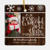 Rustikales Holz Snowflake Frohe Weihnachten Keramikornament (Vorderseite)