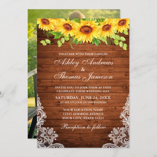 Rustikales Holz Sonnenblumen Blumengrün Spitzen Fo Einladung (Vorne/Hinten)