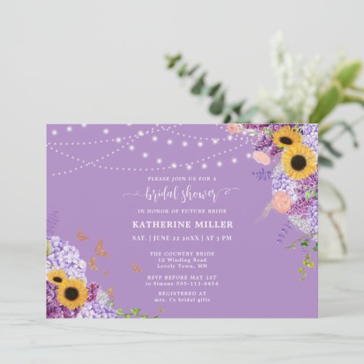 Rustikales Holz Sonnenblumen Blumenreath Brautpart Einladung (Stehend Vorderseite)