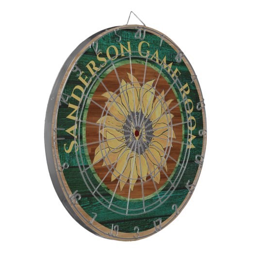 Rustikales Holz Sonnenblumen Braungrün Dartscheibe (Vorderseite Links)