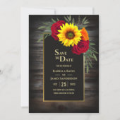 Rustikales Holz Sonnenblumen Burgund Rose Hochzeit Save The Date (Vorderseite)