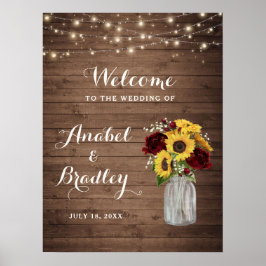 Rustikales Holz Sonnenblumen Burgundy Jar Begrüßun Poster