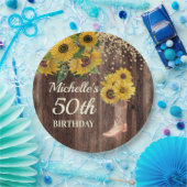 Rustikales Holz Sonnenblumen Cowboy Boots 50. Gebu Pappteller (Party)