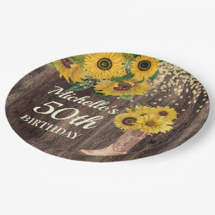 Rustikales Holz Sonnenblumen Cowboy Boots 50. Gebu Pappteller