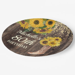 Rustikales Holz Sonnenblumen Cowboy Boots 80. Gebu Pappteller