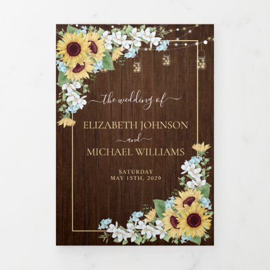 Rustikales Holz Sonnenblumen Dusty Blue Floral Wed Dreifach Gefaltete Einladung (Cover)
