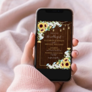 Rustikales Holz Sonnenblumen Dusty Blue Foto Hochz Einladung