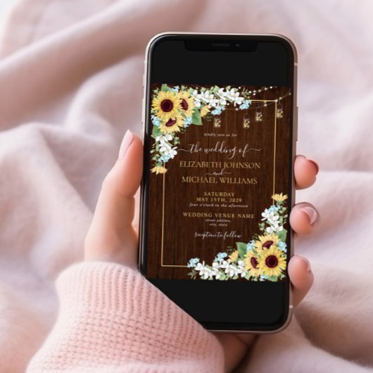 Rustikales Holz Sonnenblumen Dusty Blue Foto Hochz Einladung