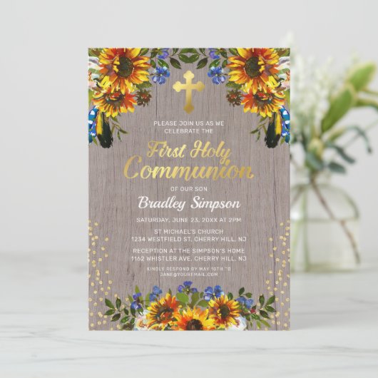 Rustikales Holz Sonnenblumen Erste Heilige Kommune Einladung (Stehend Vorderseite)