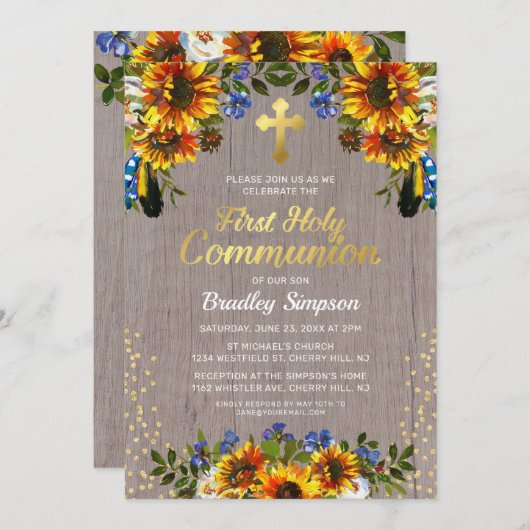 Rustikales Holz Sonnenblumen Erste Heilige Kommune Einladung (Vorne/Hinten)
