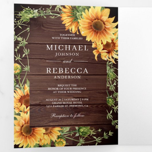 Rustikales Holz Sonnenblumen Foto Arch QR Code Hoc Dreifach Gefaltete Einladung (Innen Erste Seite)