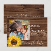 Rustikales Holz Sonnenblumen Foto Hochzeit speiche Save The Date (Vorne/Hinten)