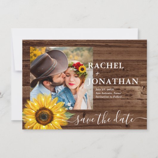 Rustikales Holz Sonnenblumen Foto Hochzeit speiche Save The Date (Vorderseite)