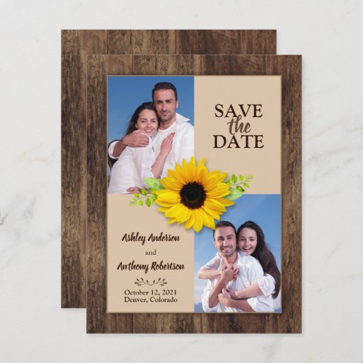 Rustikales Holz Sonnenblumen Foto Save the Date Ankündigung (Vorne/Hinten)